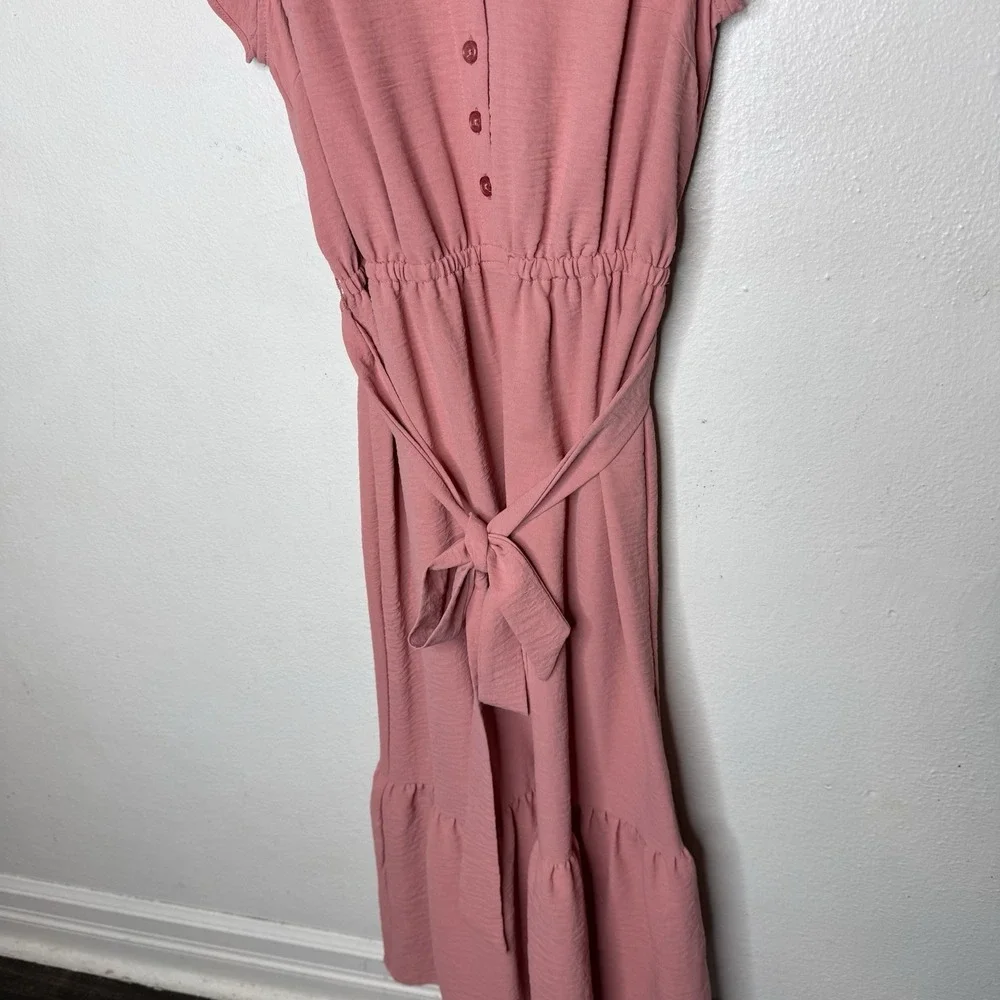 Lucky Brand Pink Cap Sleeve Shirt Midi Dress Womens Small Tie Collared Feminine‎